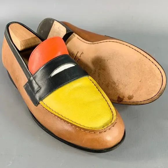 Size 8 Tan Multi Color Color Block Leather Slip On Penny Loafers